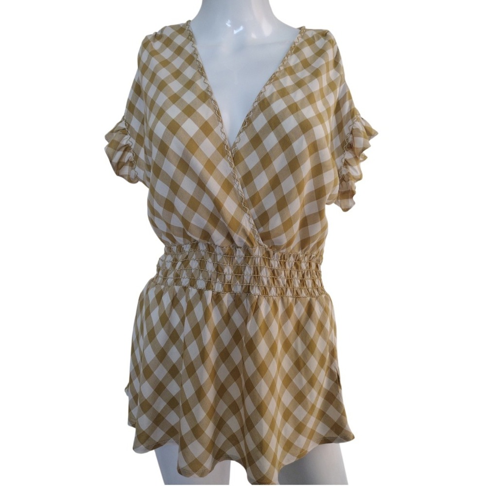 Max Studio Blouse Woman's M Beige Mustard Check Ruffle Sleeve Peplum